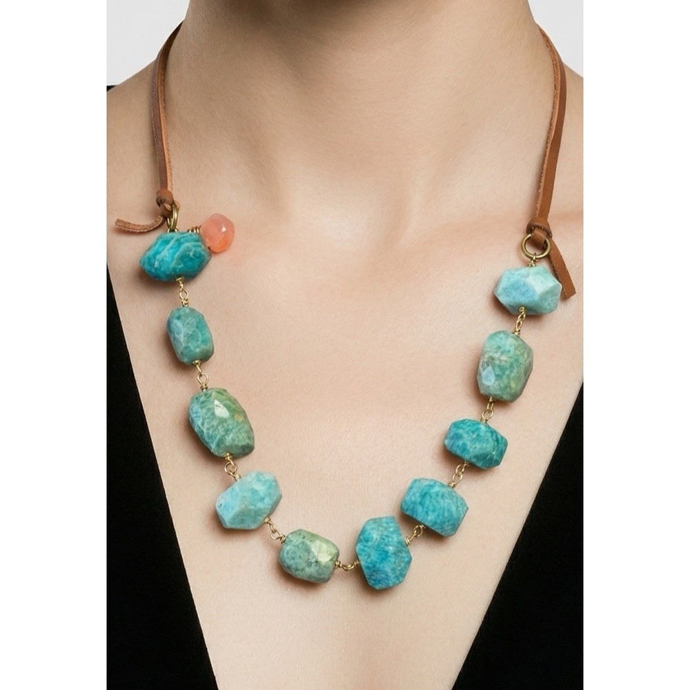 Large Chunky Faceted Amazonite Polished Bead Statement Necklace Adjustable EUC